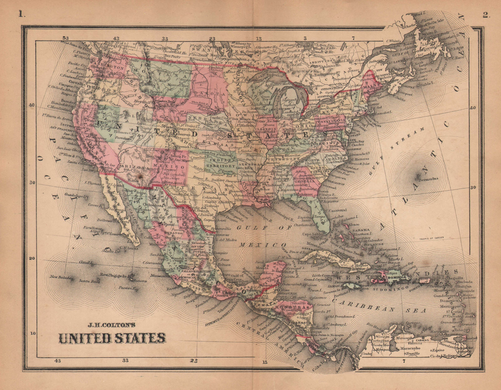 J. H. Colton's United States. Wyoming attached to Dakota 1864 old antique map